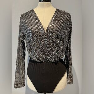 Latino Italy Sequin Wrap Bodysuit – Black / Silver – Size Fits Like Medium (S/M)